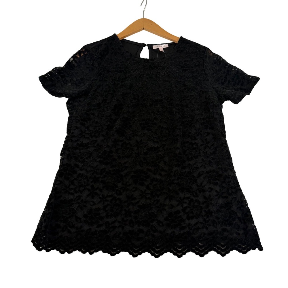 Teddi Rose Black Floral Lace Short Sleeve Scalloped Hem Blouse Top Womens Medium